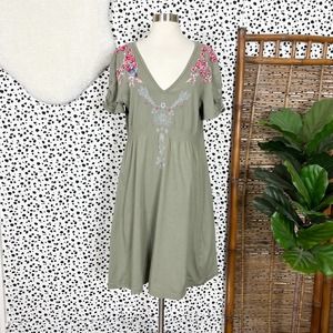 Johnny Was | Embroidered Floral Bird Taupe Boho Casual Comfy Dress L